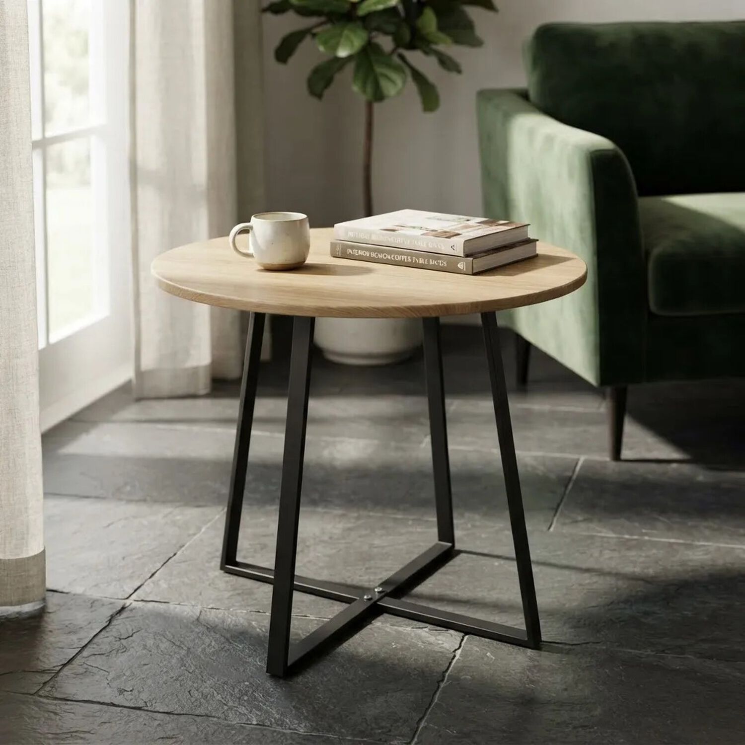Mesa Lateral Redonda Madera Metal Auxiliar Living Caf&eacute; Claro image number 1.0