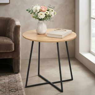 Mesa Lateral Redonda Madera Metal Auxiliar Living Caf&eacute; Claro