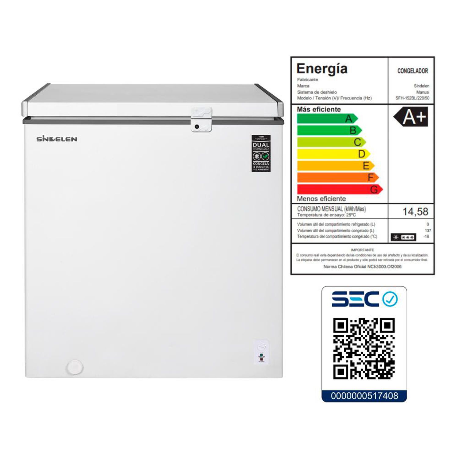 Freezer Horizontal Sindelen SFH-152BL / Fr&iacute;o Directo / 137 Litros / A+ image number 4.0