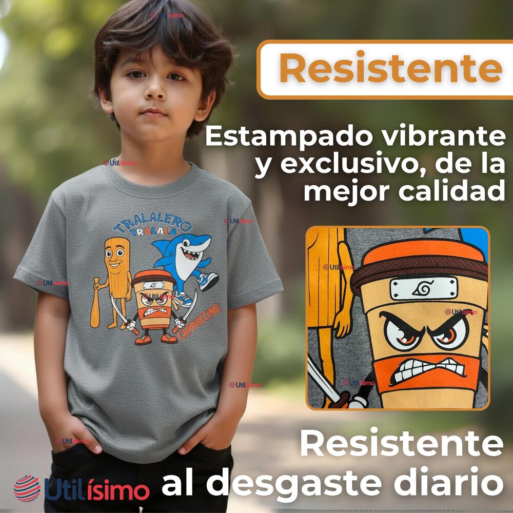 Polera Brainrots 100% Algodón Manga Corta Niño Tralalero Gris Claro image number 3.0