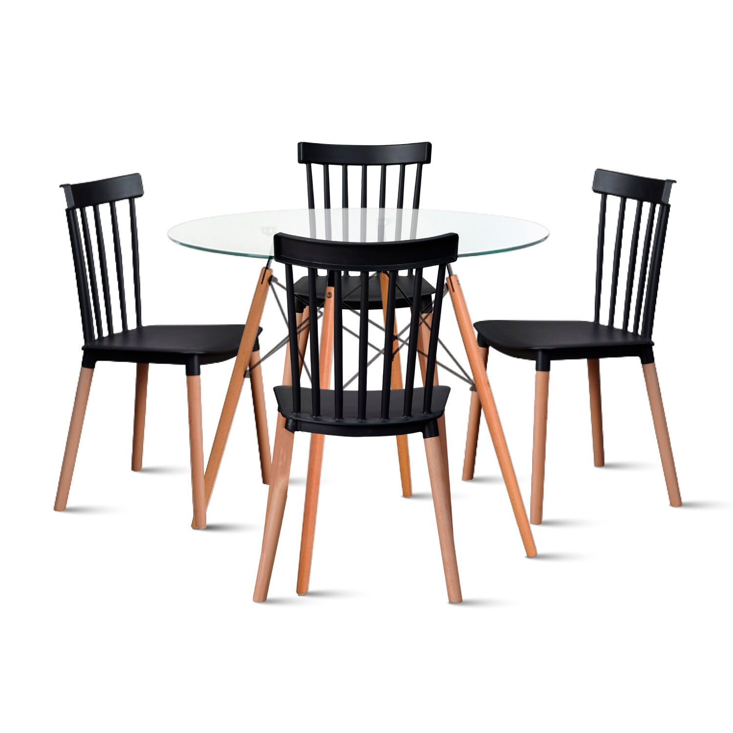 Comedor Mesa Redonda Vidrio 80cm + 4 Sillas Windsor Negras image number 0.0