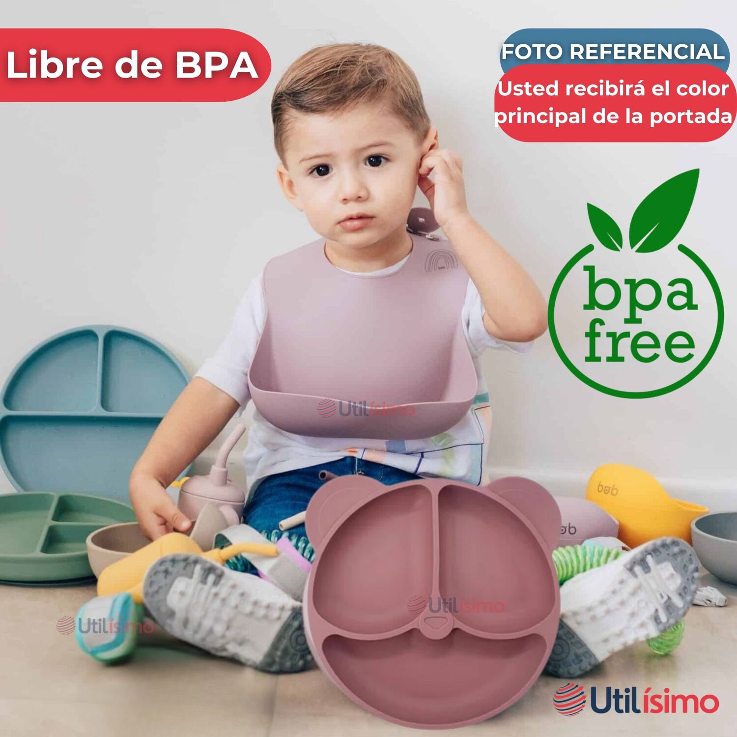 Set De Alimentaci&oacute;n Beb&eacute; Silicona De Oso 6 Piezas Libre Bpa Color Rosa Oscuro image number 2.0
