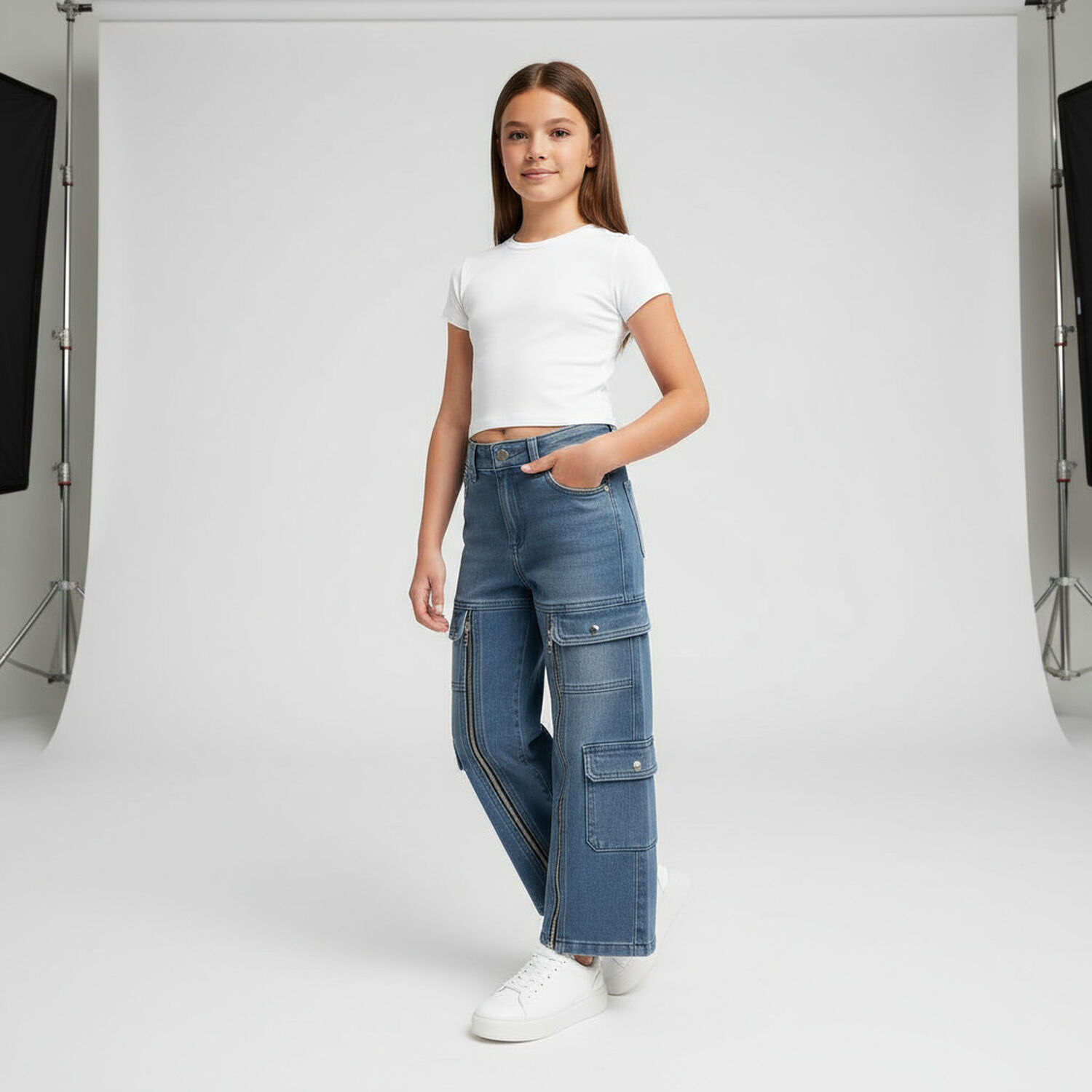Pantalon Jeans Cargo Ni&ntilde;a Con Cierres Estilo Urbano image number 1.0
