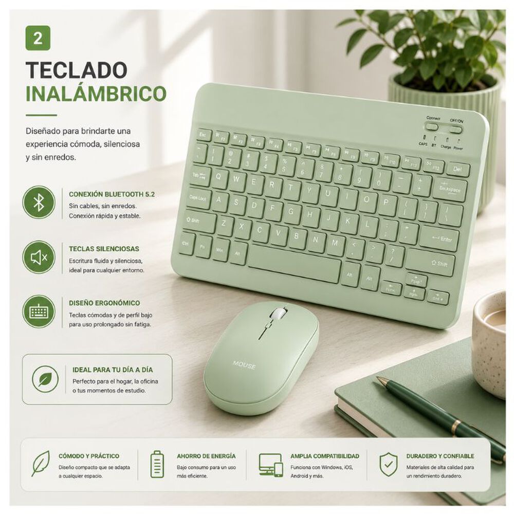 Kit De Teclado Mouse Para Ipad O Tablet Android Slim Verde image number 2.0