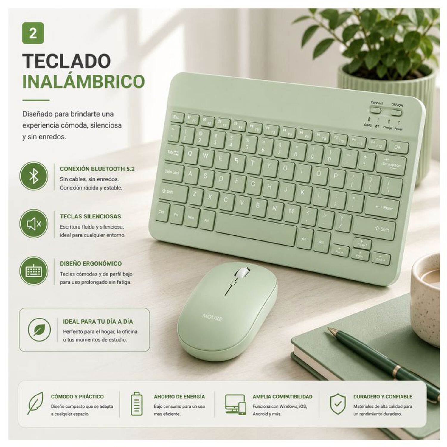 Kit De Teclado Mouse Para Ipad O Tablet Android Slim Verde image number 2.0
