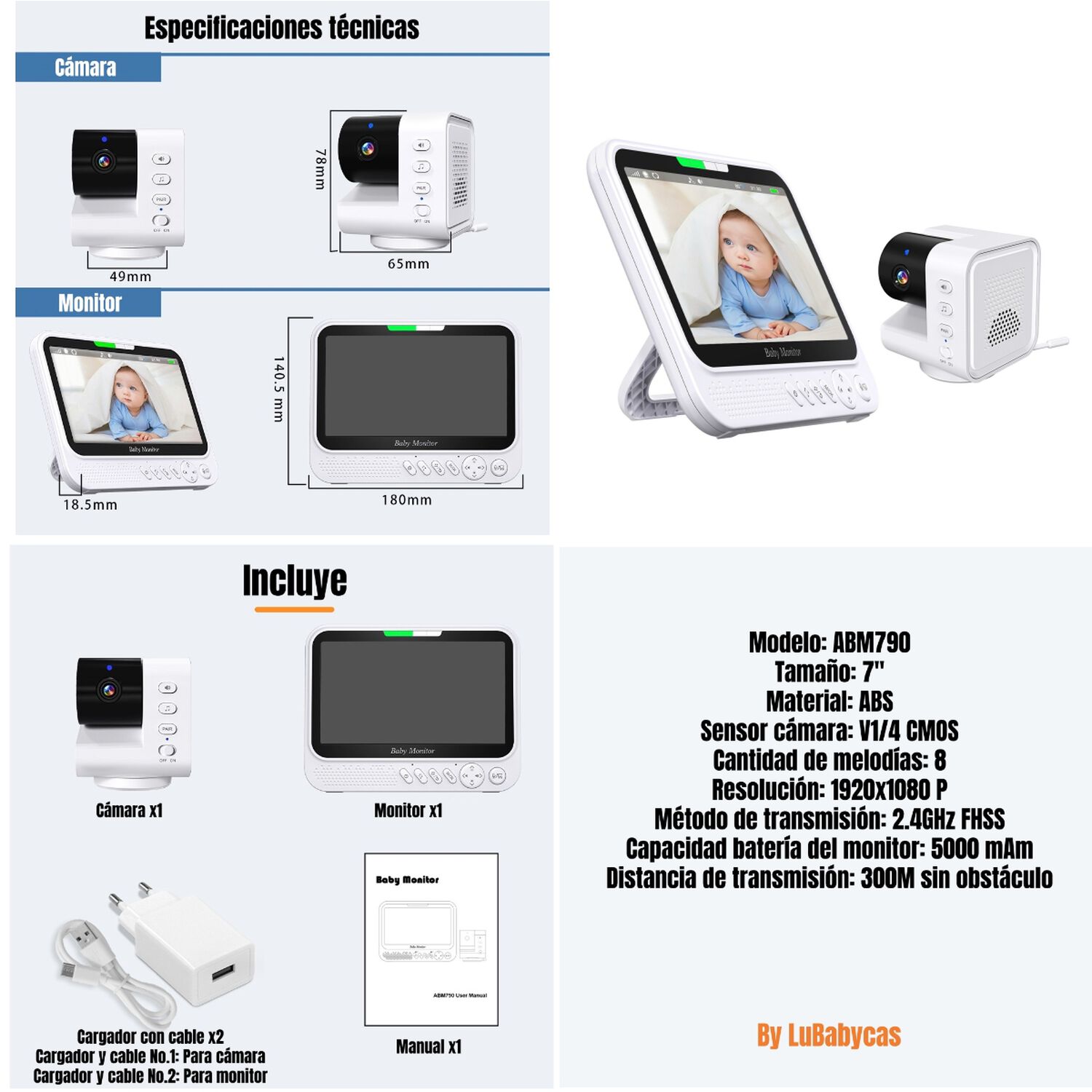 C&aacute;mara Monitor Inteligente Premium 7&Prime;1080p Abm790 Lubabycas image number 7.0
