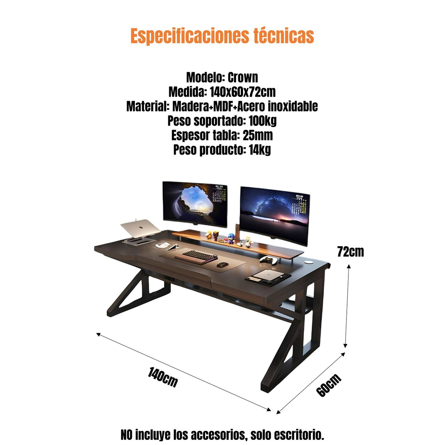 Escritorio De Madera Con Repisa Inferior 140x60x72cm Crown image number 2.0