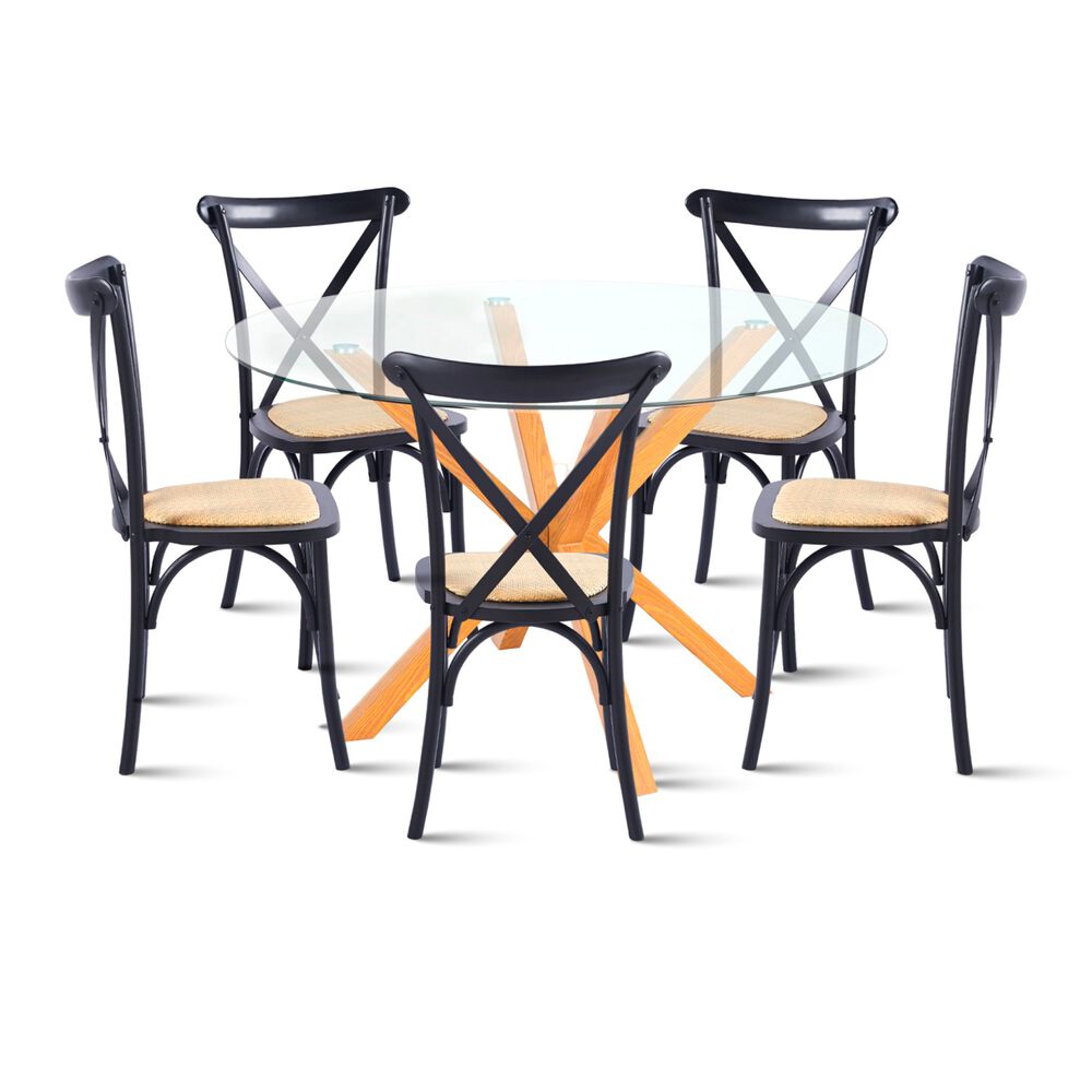 Comedor Redonda De Vidrio Cross 120cm + 5 Silla Crossback Madera Negra image number 0.0
