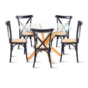 Comedor Redonda De Vidrio Cross 120cm + 5 Silla Crossback Madera Negra