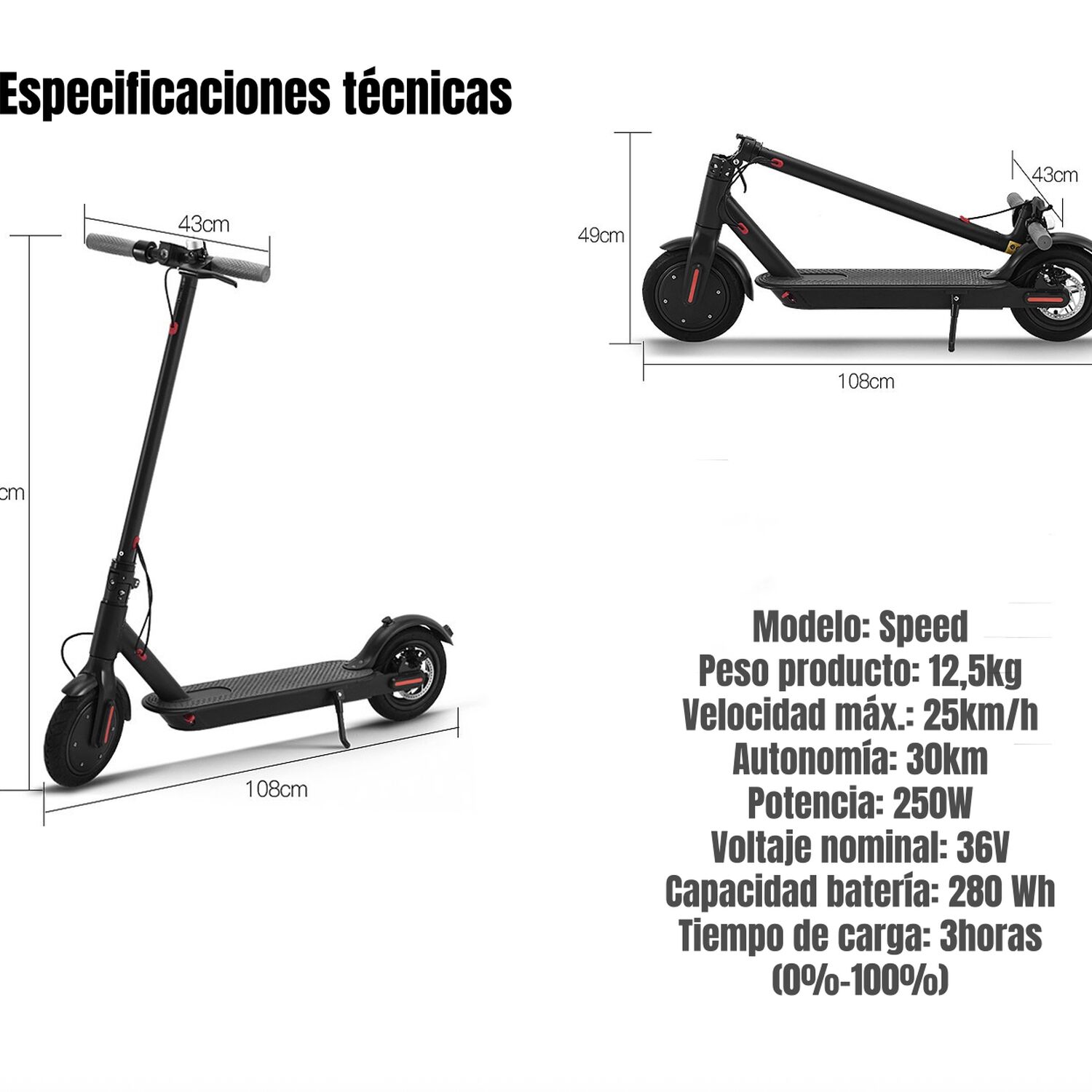 Scooter Adulto El&eacute;ctrico Con App Plegable 30km Negro Speed image number 7.0
