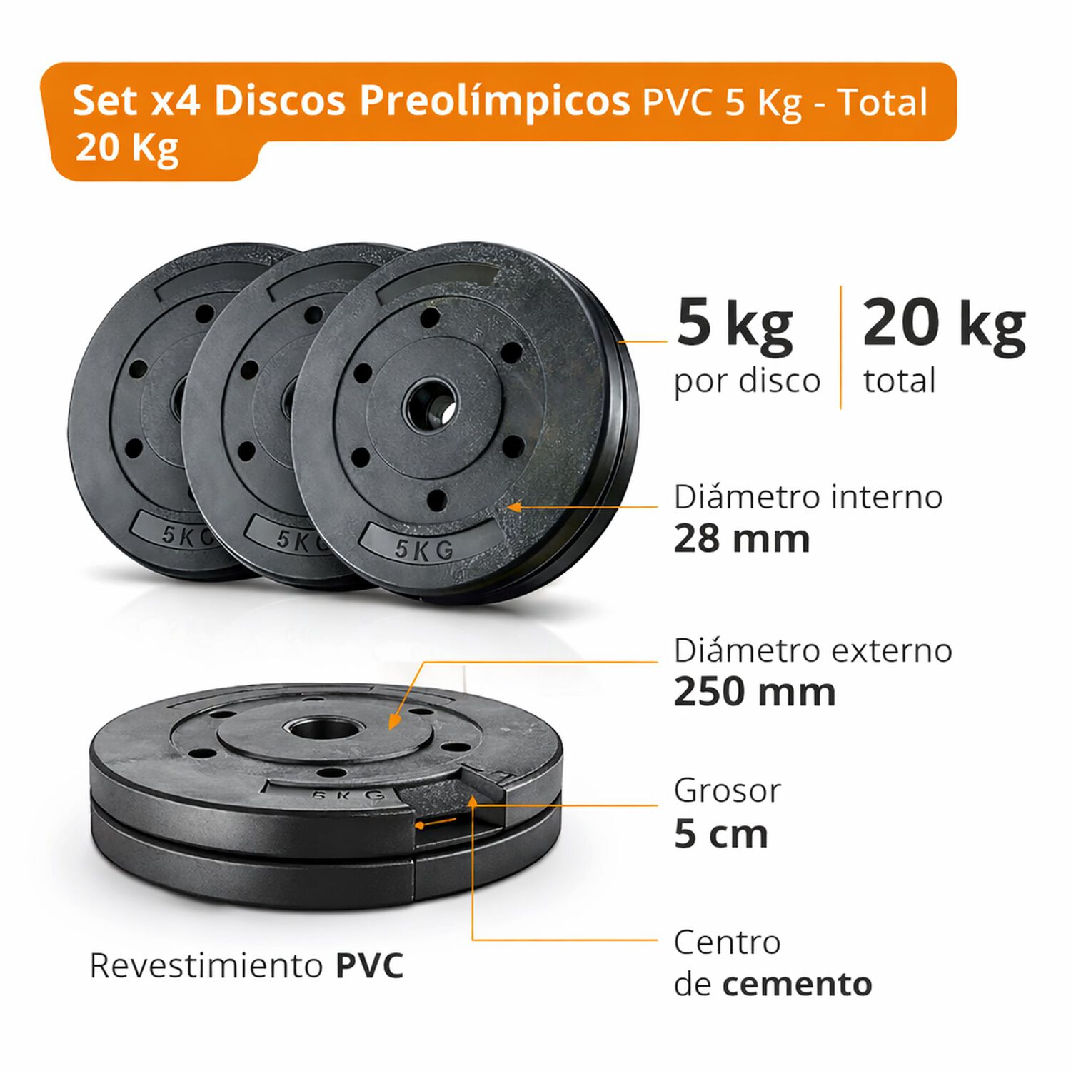Set 4 Discos Preol&iacute;mpicos Pvc 5kg 20kg Total image number 1.0