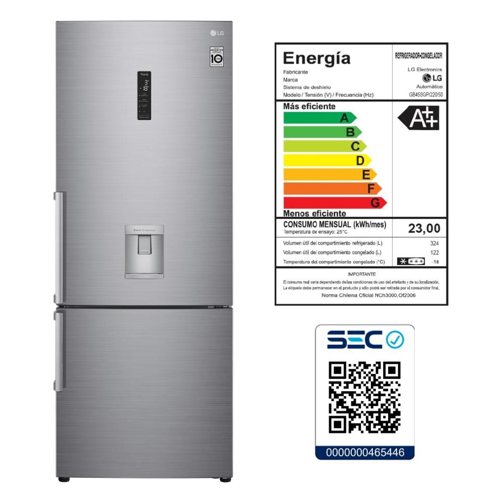 Refrigerador Bottom Freezer LG GB45SGP / No Frost / 446 Litros / A++ image number 9.0