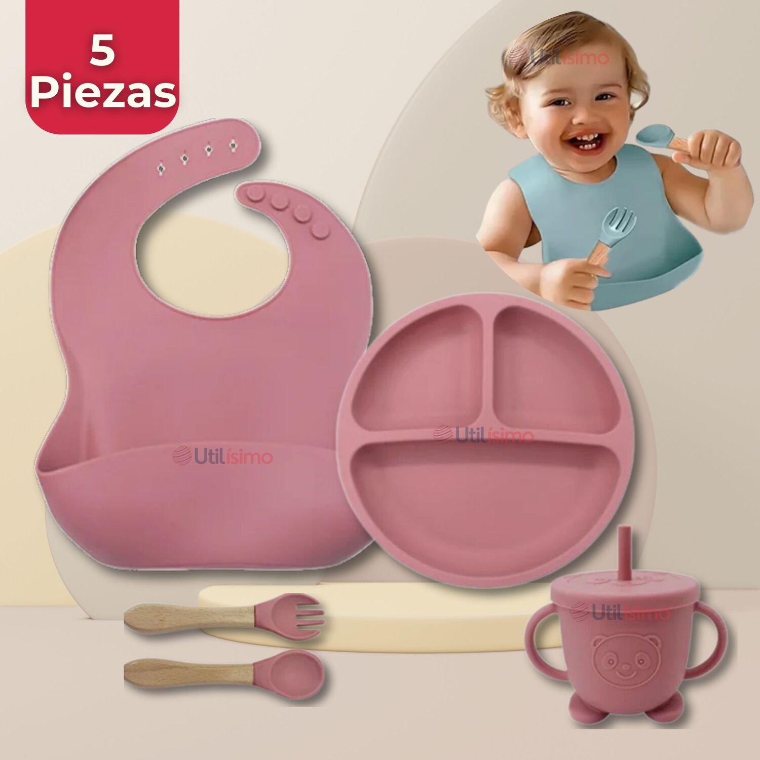 Set De Alimentaci&oacute;n Beb&eacute; Silicona Con Vaso 5 Piezas Libre Bpa Color Rosa Oscuro image number 0.0
