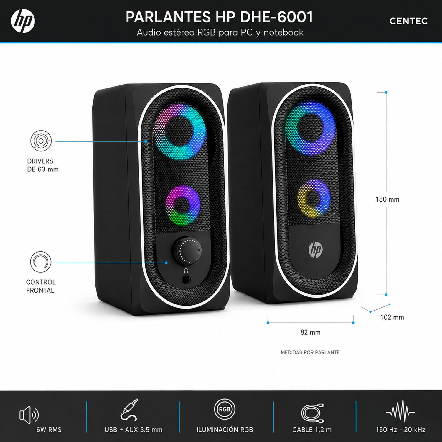 Parlante Usb Hp De 6w Est&eacute;reo Con Iluminaci&oacute;n Rgb Dhe-6001 image number 6.0