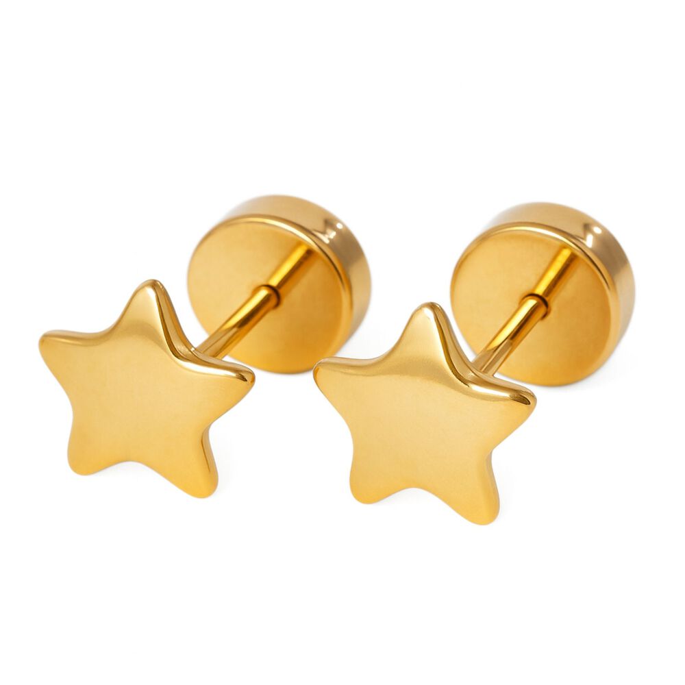 Aros Abridores Estrella Lisa 6mm Oro 18k A Presi&oacute;n Beb&eacute; Ni&ntilde;a Mujer Segundo Hoyo image number 0.0
