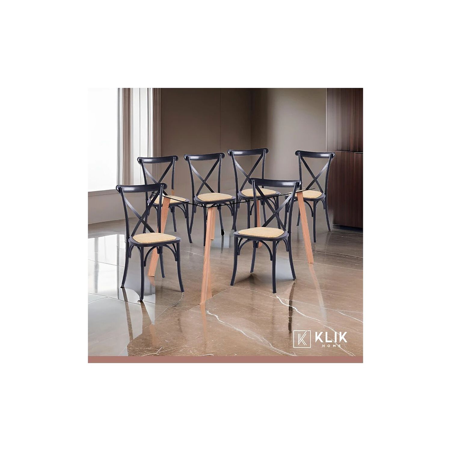 Comedor Mesa De Vidrio N&oacute;rdica 140x90cm + 6 Sillas Crossback Madera Negras image number 1.0