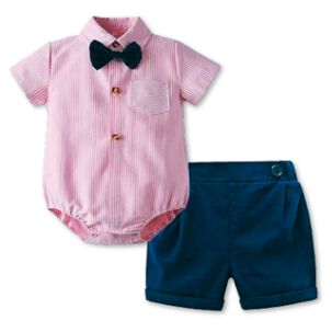 Conjunto De Vestir Niño Body Estilo Camisa Y Pantalón Corto 6 A 24 Meses Rayas Rosa