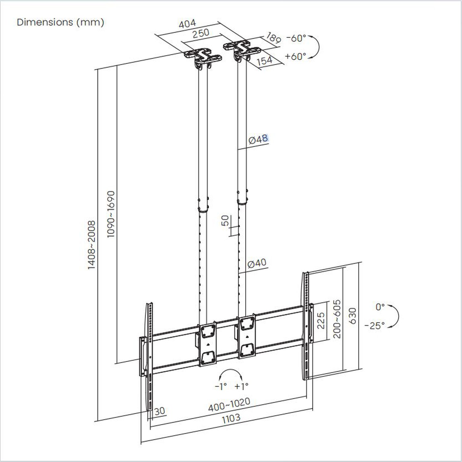 Soporte De Techo Doble Tubo Para Tv Alta Carga 60" A 120" - 120kg - 5610l Brasforma image number 3.0