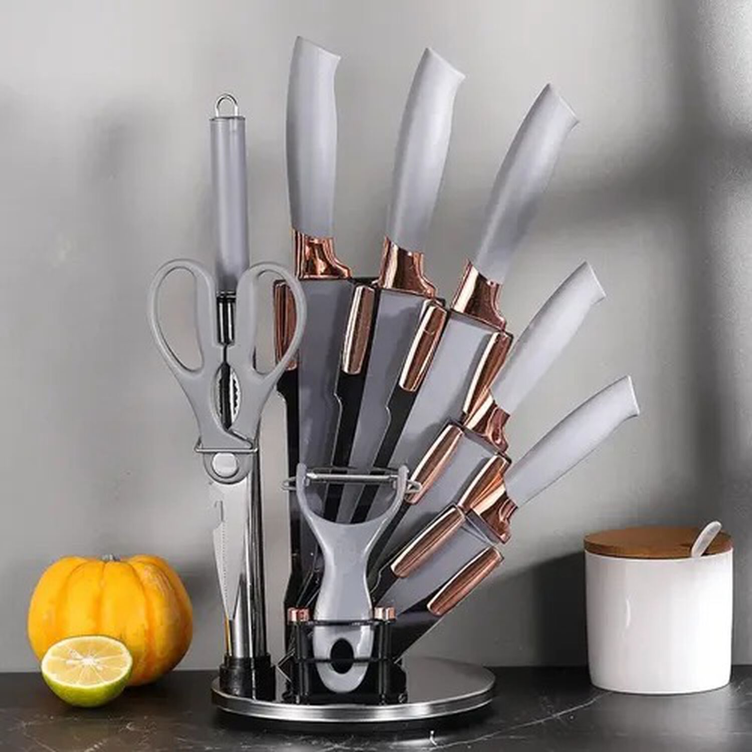 Set Cuchillos De Cocina 9 Piezas Con Base Giratoria Liso Gris image number 2.0