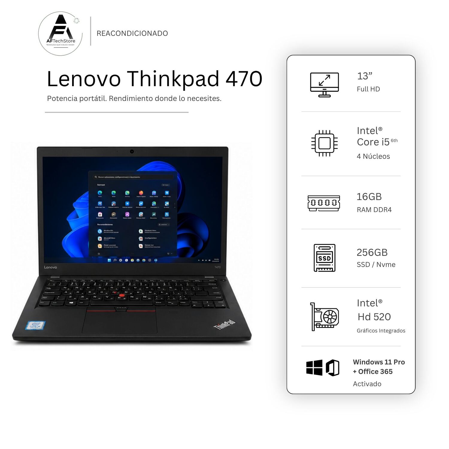 Notebook Lenovo 470 I5 6th 16gb 256gb - Win11 Office - Reacondicionado Profesional