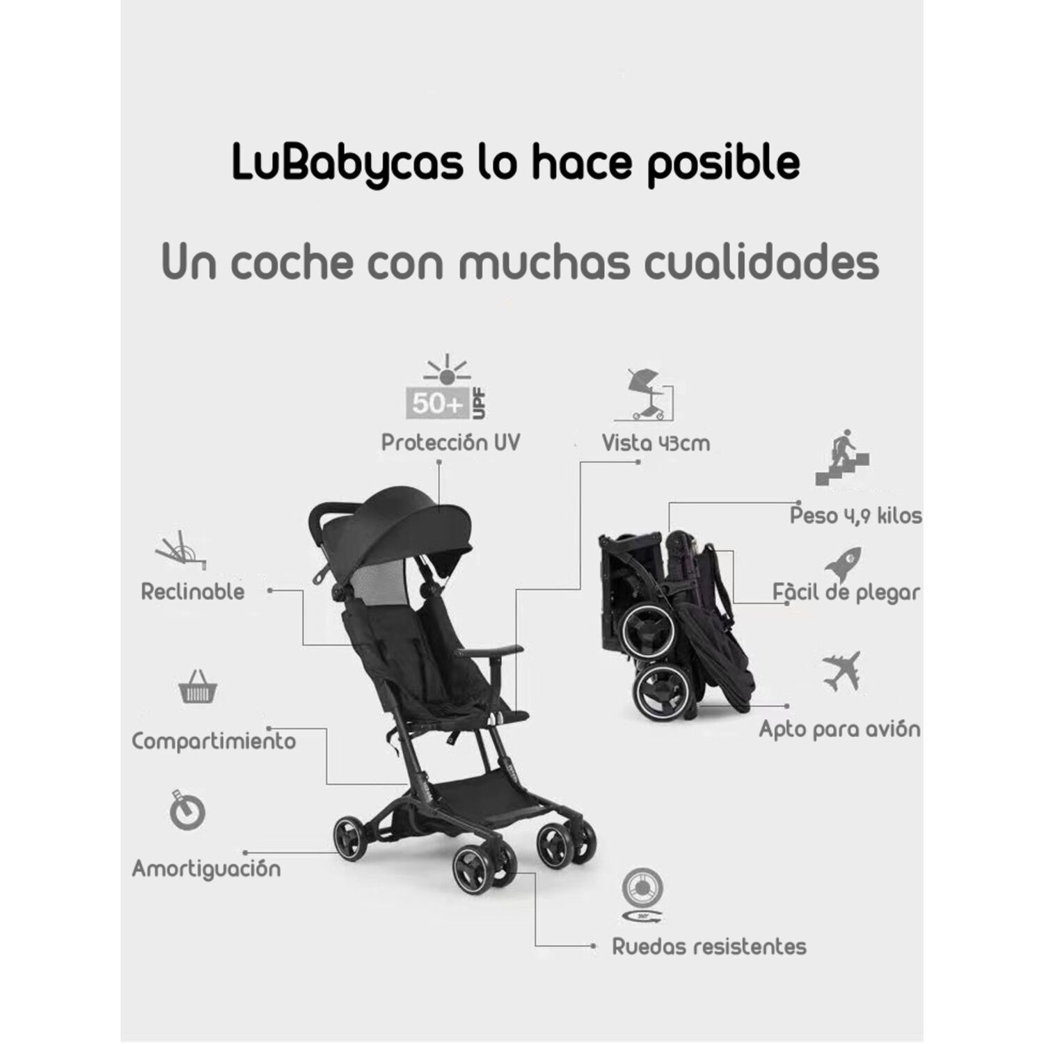 Coche De Paseo Premium &Uacute;ltra Compacto Lubabycas Rosado image number 6.0