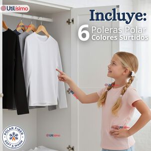 Pack 6 Poleras Camisetas Polar Primera Capa Cuello Redondo Manga Larga Colores Surtido Ni&ntilde;a