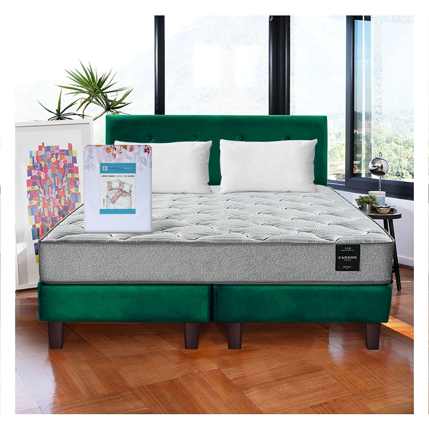 Combo Cama Cannon 2 Plazas Textil + Respaldo Tela Verde image number 0.0