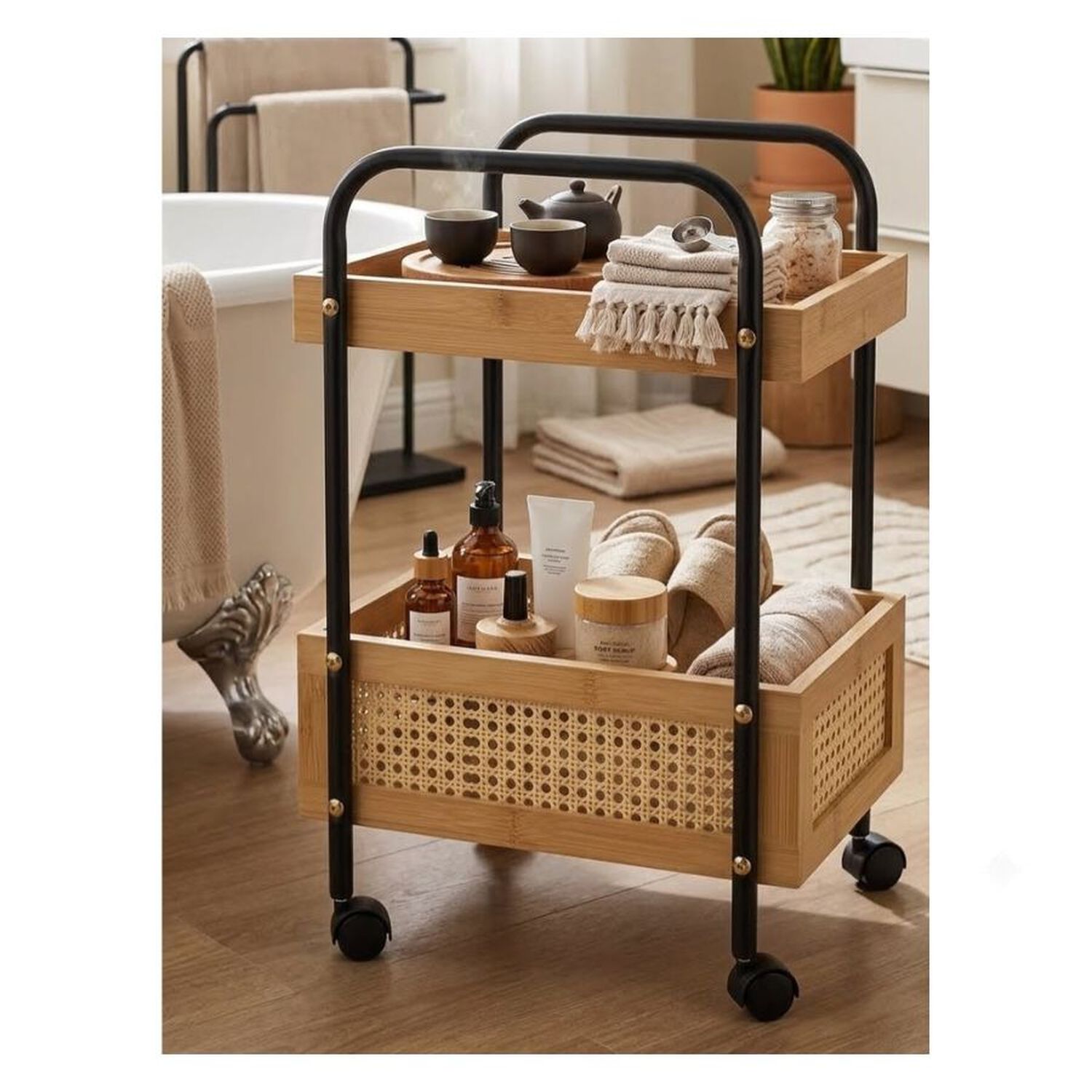 Carro Organizador 2 Niveles Bamb&uacute; Con Ruedas Ba&ntilde;o Cocina image number 4.0