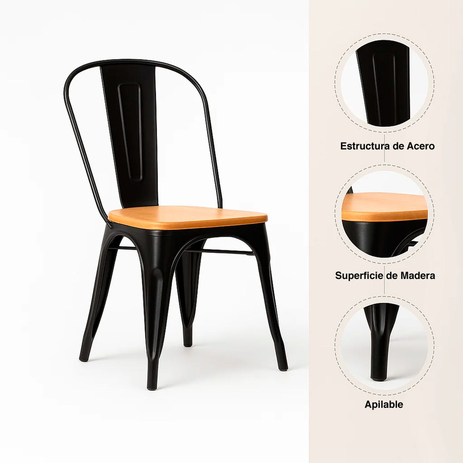 Silla Tolix De Comedor O Terraza Exterior Con Asiento De Madera Clara - Negra image number 4.0