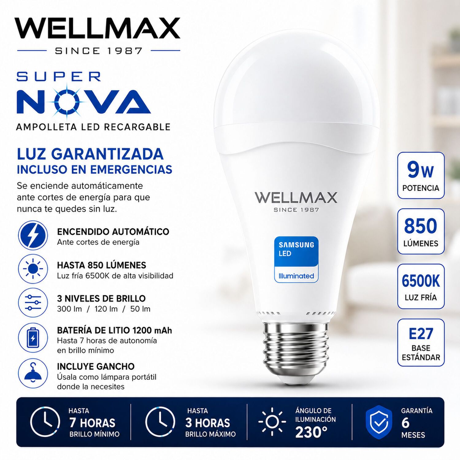 Ampolleta Led Recargable De Emergencia Wellmax Super Nova 9w image number 7.0