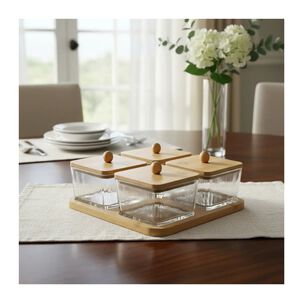 Set 4 Frascos De Vidrio Con Tapa De Bamb&uacute; Y Base De Madera Cuadrado