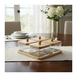 Set 4 Frascos De Vidrio Con Tapa De Bamb&uacute; Y Base De Madera Cuadrado