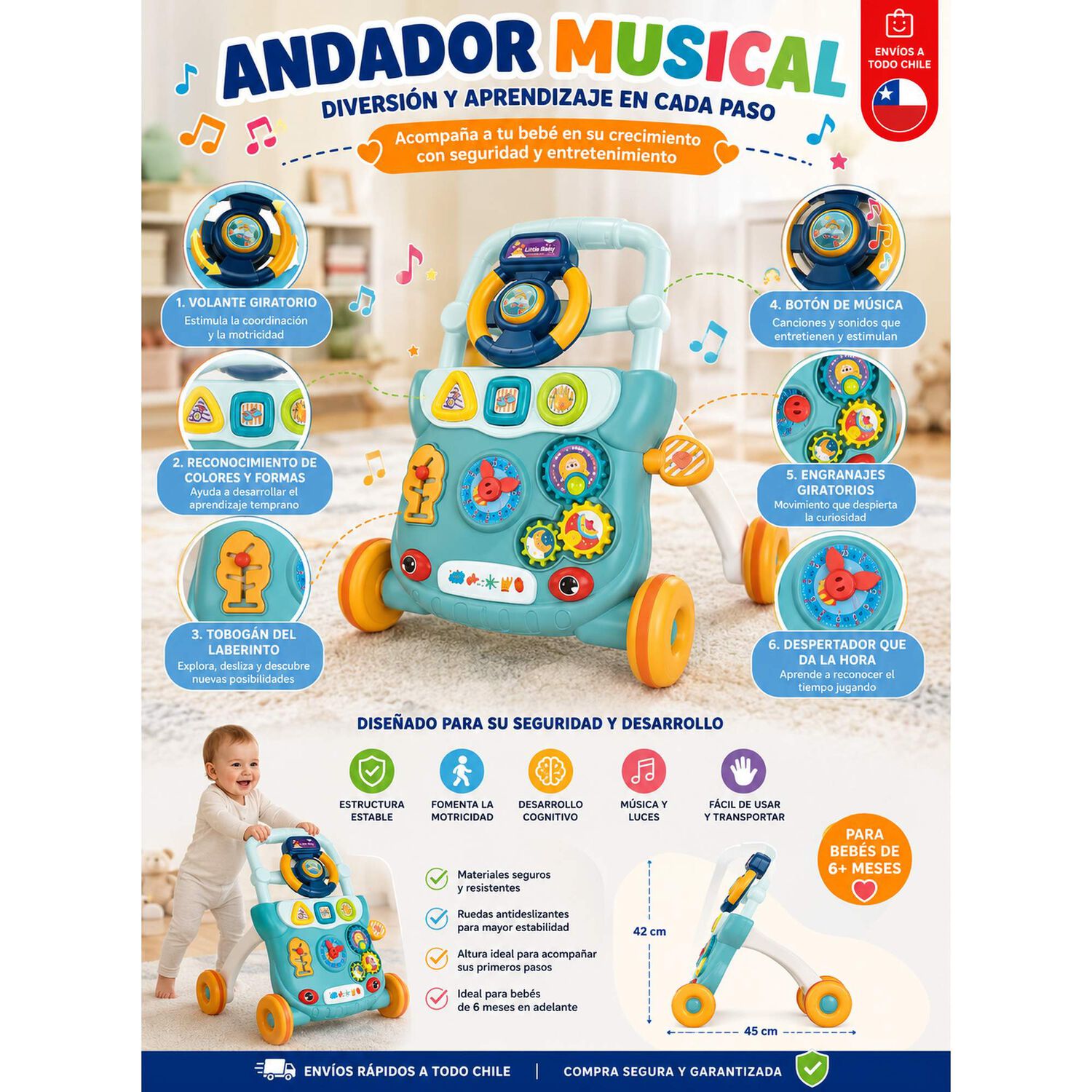 Andador Para Beb&eacute; Musical Caminador Did&aacute;ctico Juguete 6 En 1 image number 10.0
