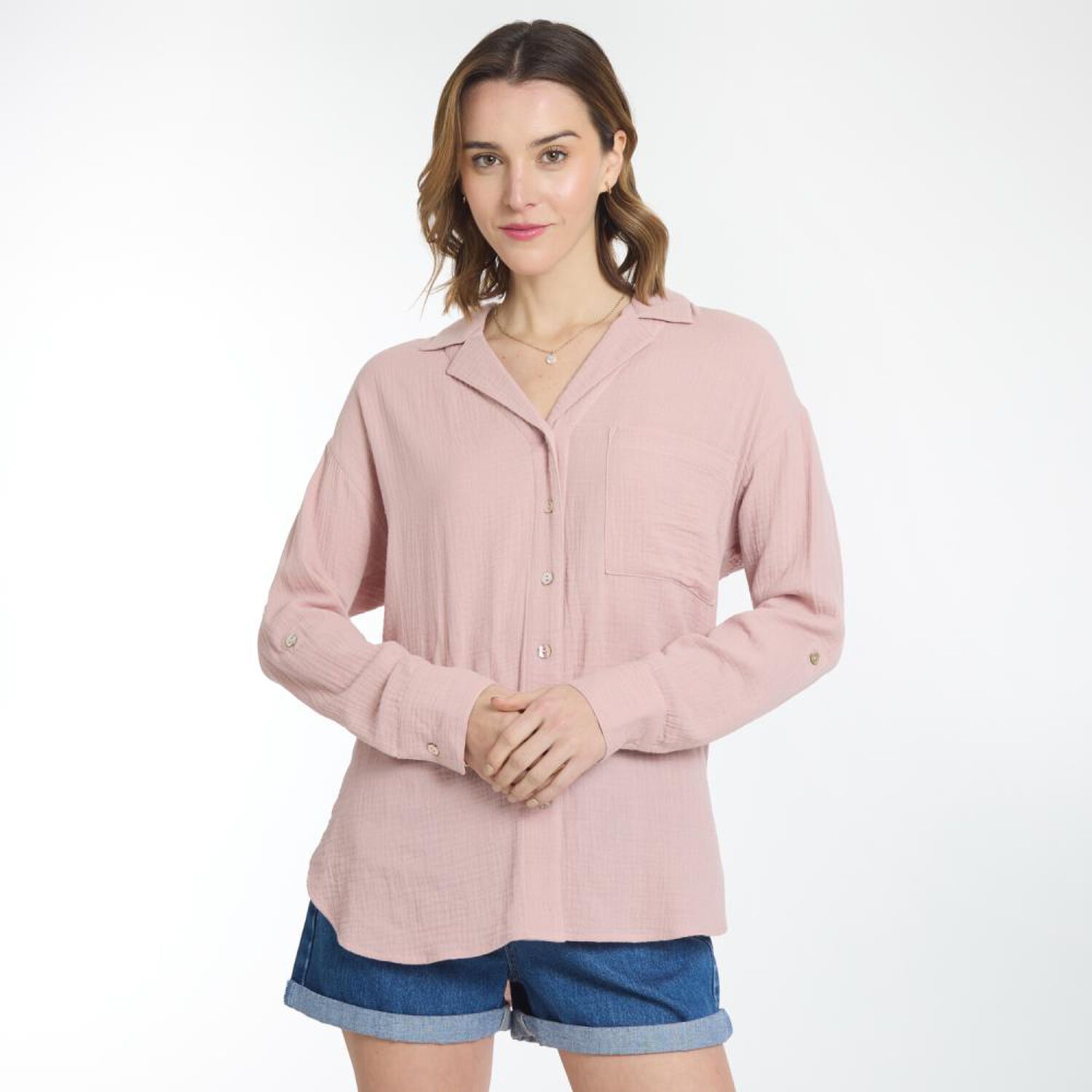 Blusa Oversize Textura Manga Larga Cuello Camisero Mujer Ocean Pacific image number 0.0