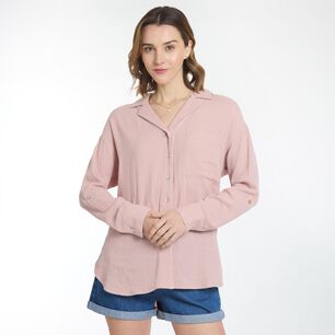 Blusa Oversize Textura Manga Larga Cuello Camisero Mujer Ocean Pacific