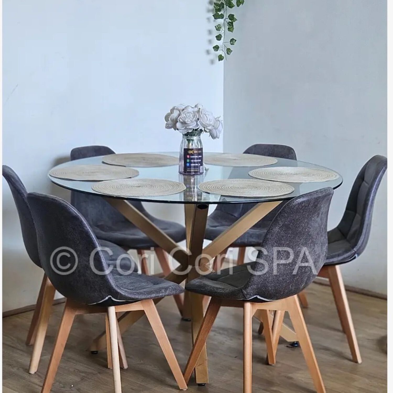 Comedor Warwick 120cm + 6 Sillas Capitonne Ecocuero Vintage Gris image number 1.0