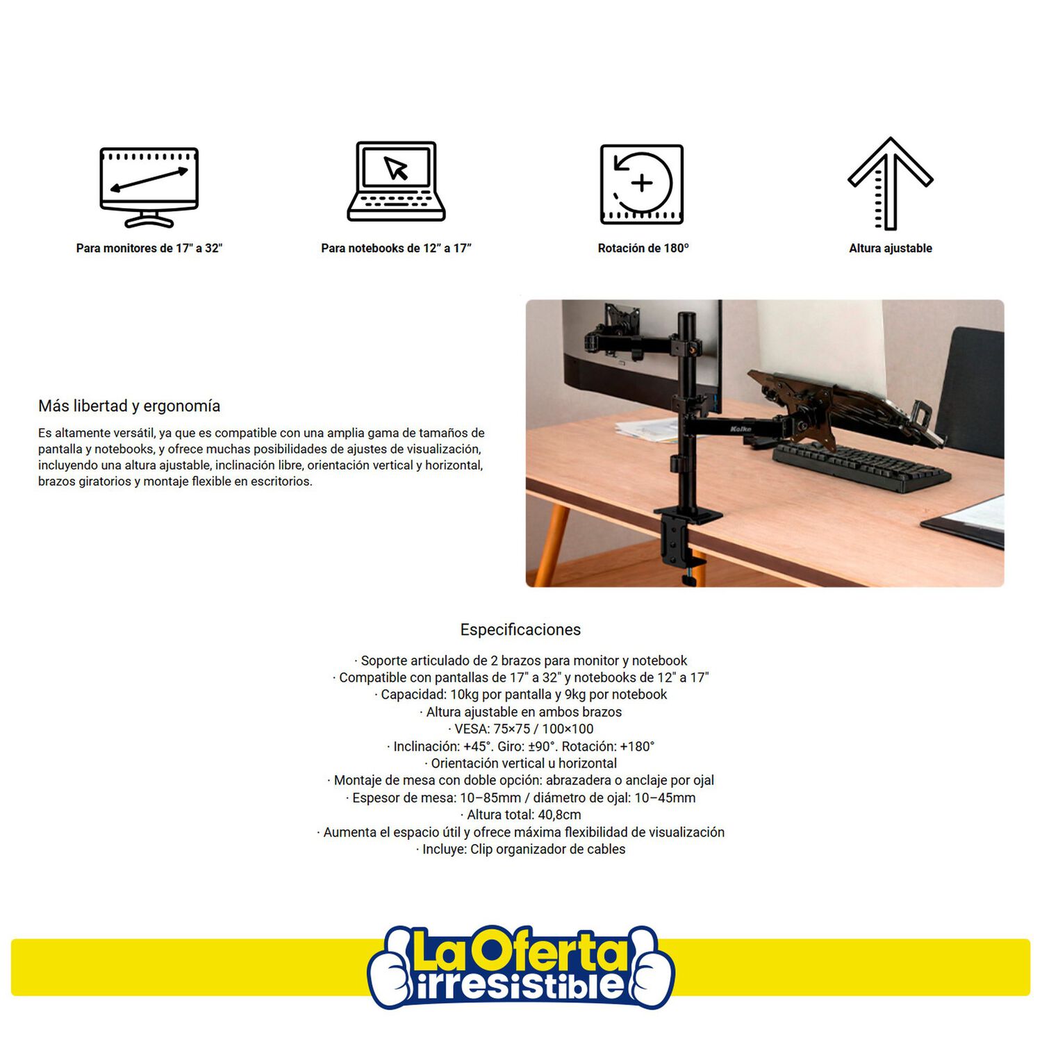 Soporte Monitor Notebook Kolke Brazo Articulado image number 2.0