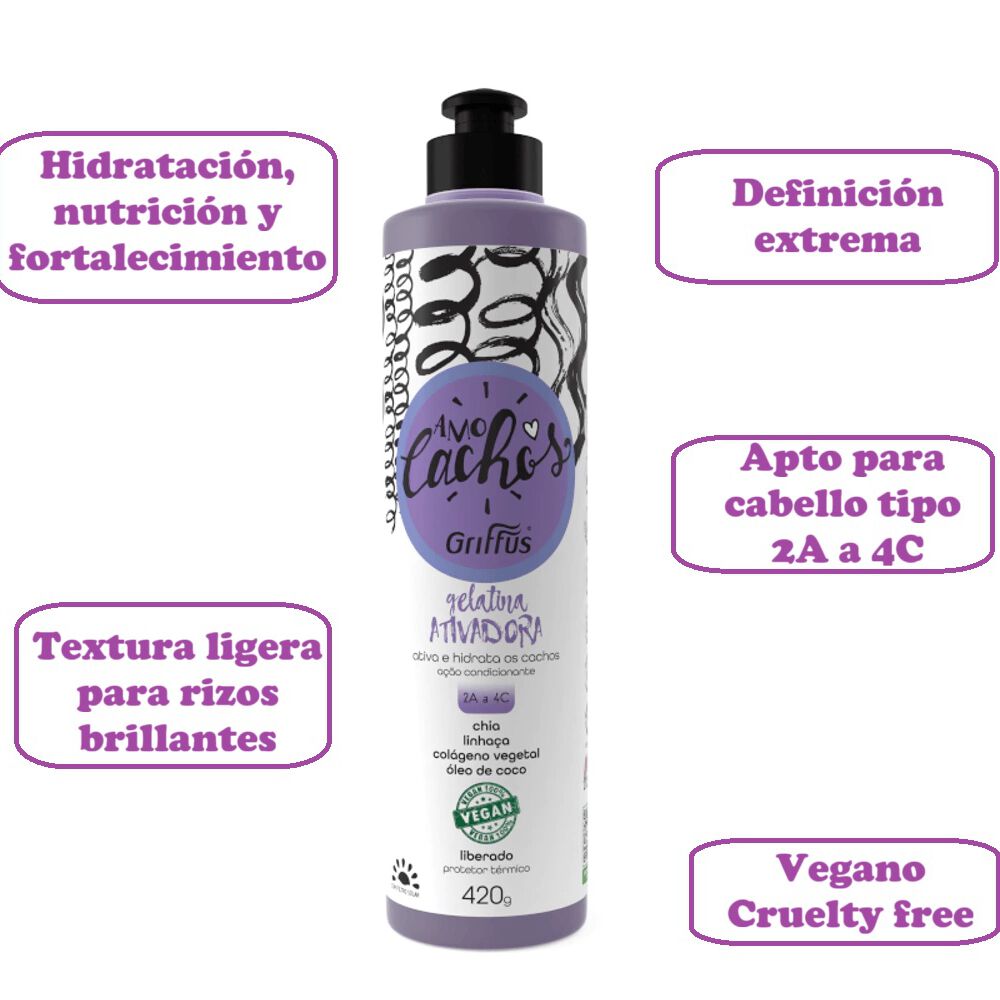 Gel Activador De Rizos Amo Cachos + Protector Termico 420g Griffus image number 1.0