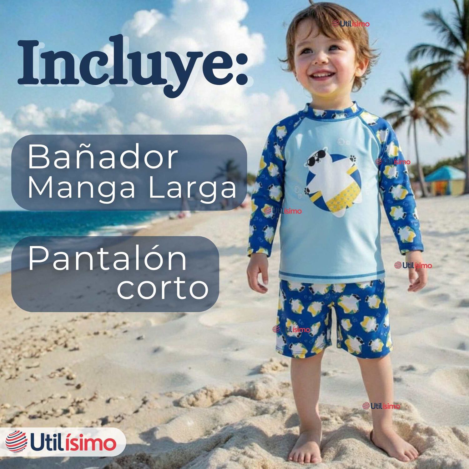 Traje De Ba&ntilde;o Manga Larga Pantal&oacute;n Corto 2 Piezas Corte Split Ni&ntilde;o 3 A 9 A&ntilde;os Blue Polar Bear image number 2.0
