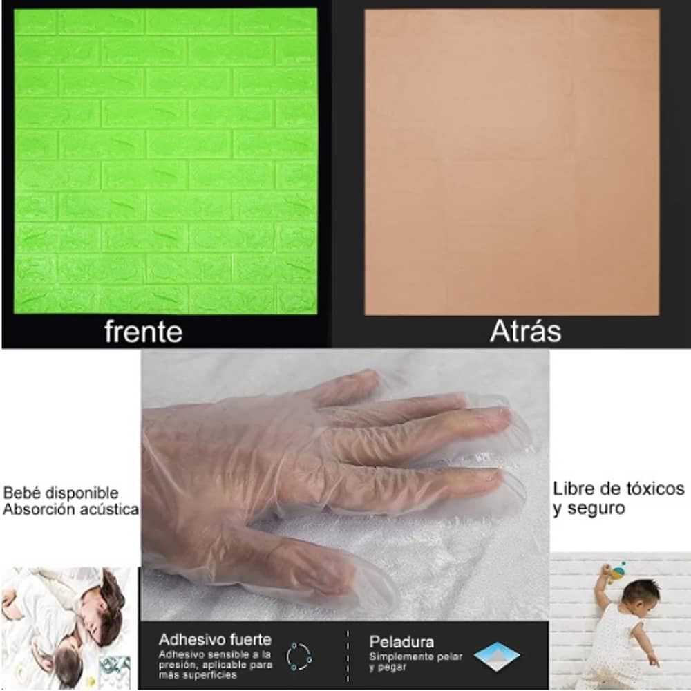 Pack 10 Lamina Papel Mural Autoadhesivo 3d Ladrillo Verde image number 3.0