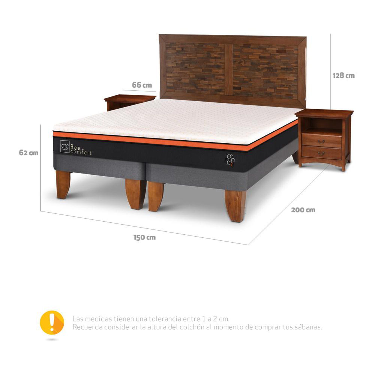 Cama Europea Cic Bee Comfort / 2 Plazas / Base Dividida + Set De Maderas image number 2.0