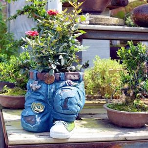 Maceta Decorativa Pantalones Jeans Flores Adorno Jardín