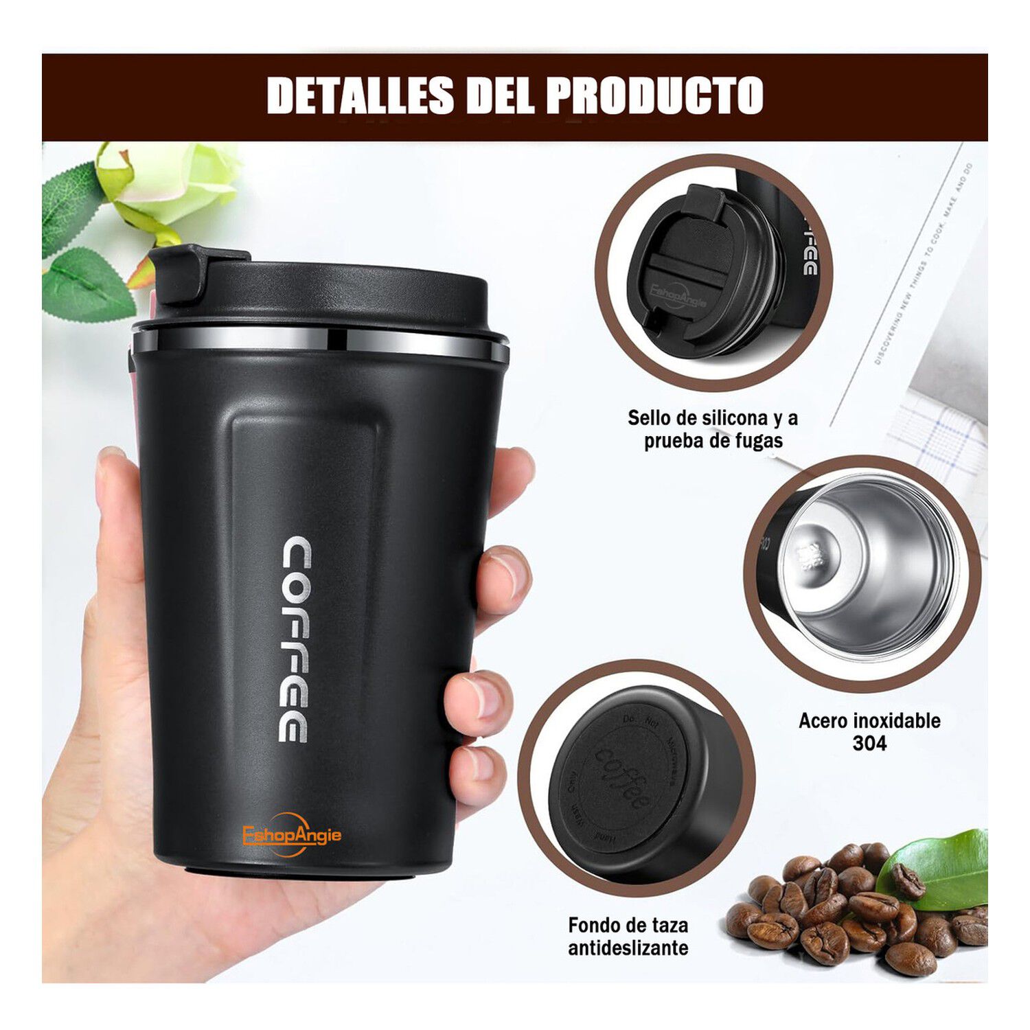 Termo Mug Caf&eacute; 380ml Acero Inoxidable Port&aacute;til Negro image number 1.0