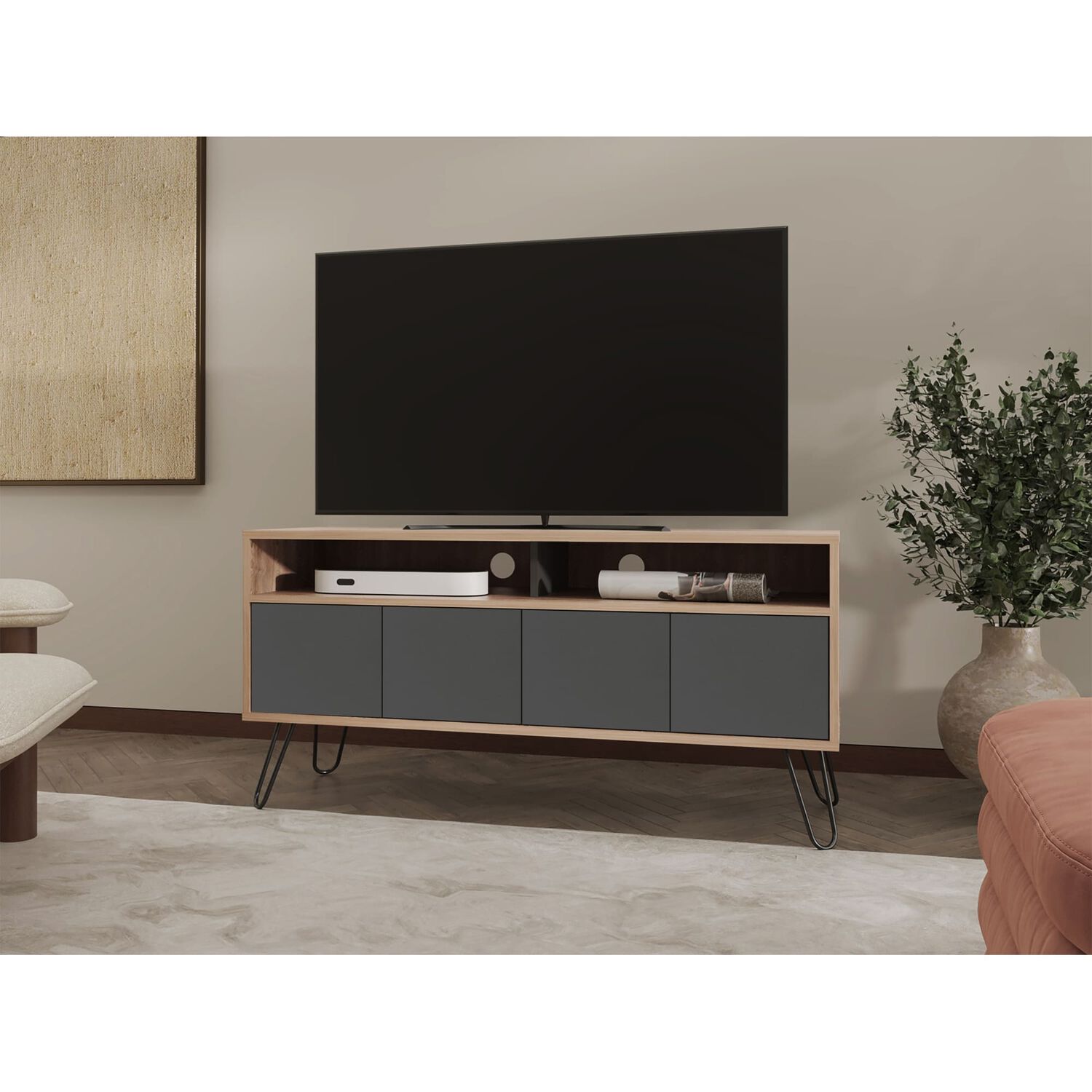 Rack Tv 55" Con 2 Repisas Y 4 Puertas Fm-006c Caf&eacute; Claro Y Plomo image number 7.0