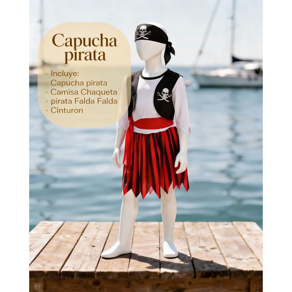 Disfraz Infantil Pirata Para Ni&ntilde;a Chile - Traje Completo Con Falda Roja, Blusa Blanca Y Chaleco Negro image number 1.0