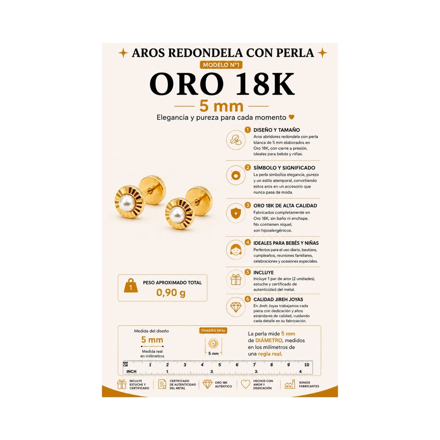 Aros Abridores Redondela Perla Blanca 5mm Oro 18k Beb&eacute; Ni&ntilde;a Dorado image number 5.0