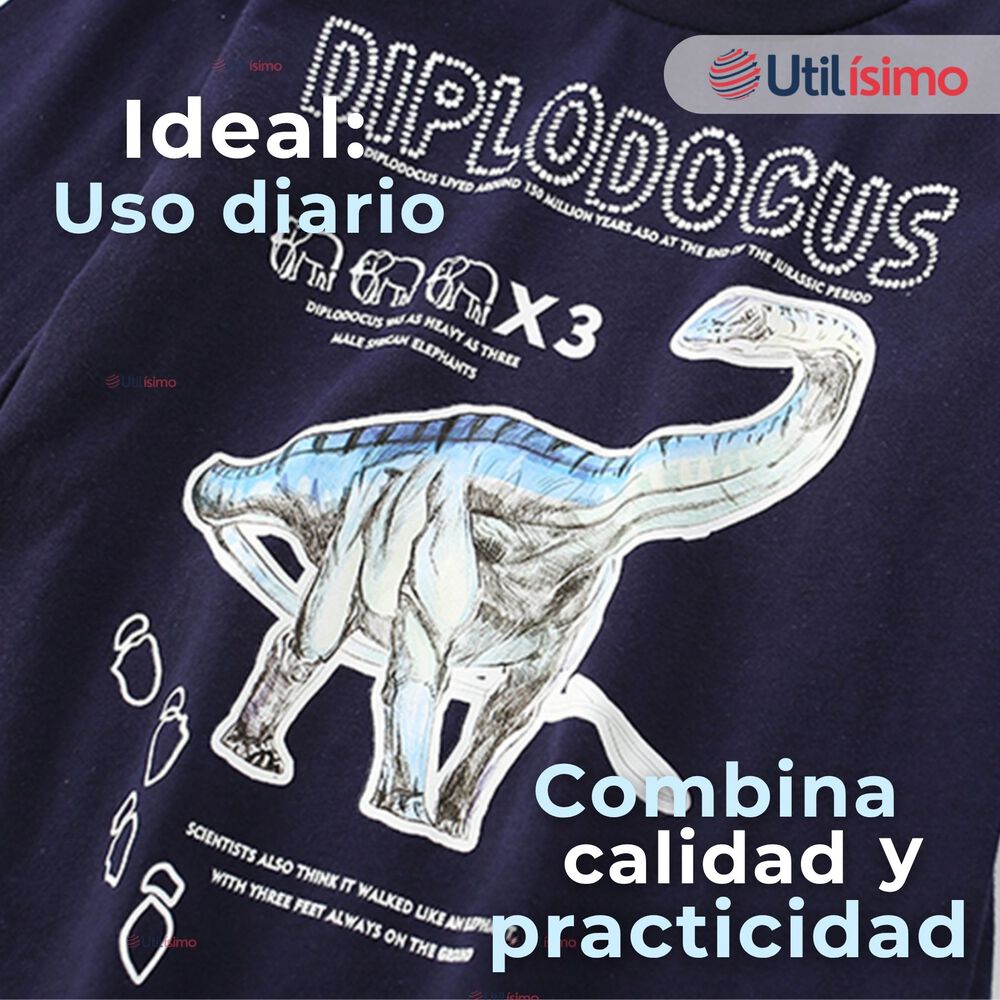 Polera Manga Larga Niño 100% Algodón Dinosaurio Azul Camiseta image number 4.0