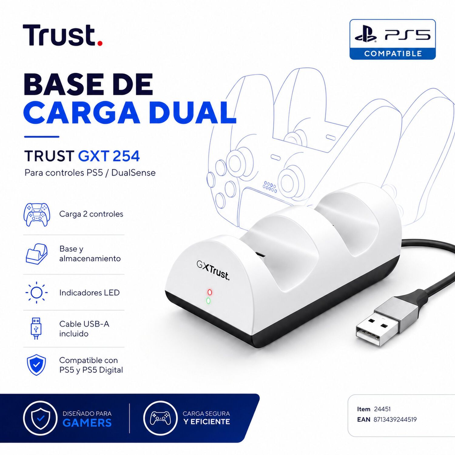 Base Carga Dual Para Controles Ps5 Dualsense Trust Gxt 254 image number 6.0