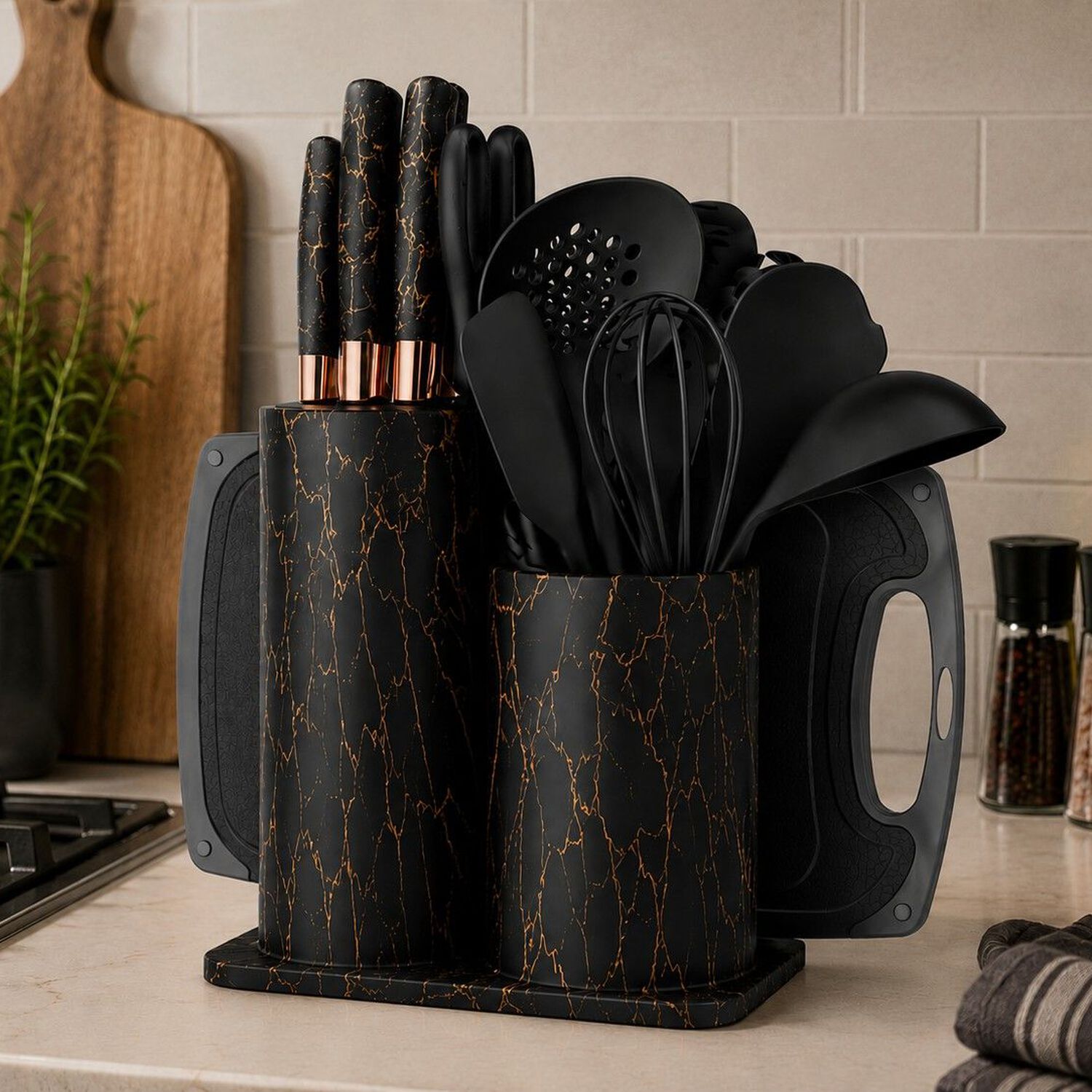 Set Utensilios De Cocina 25 Piezas Marmoleado Negro Dorado image number 5.0