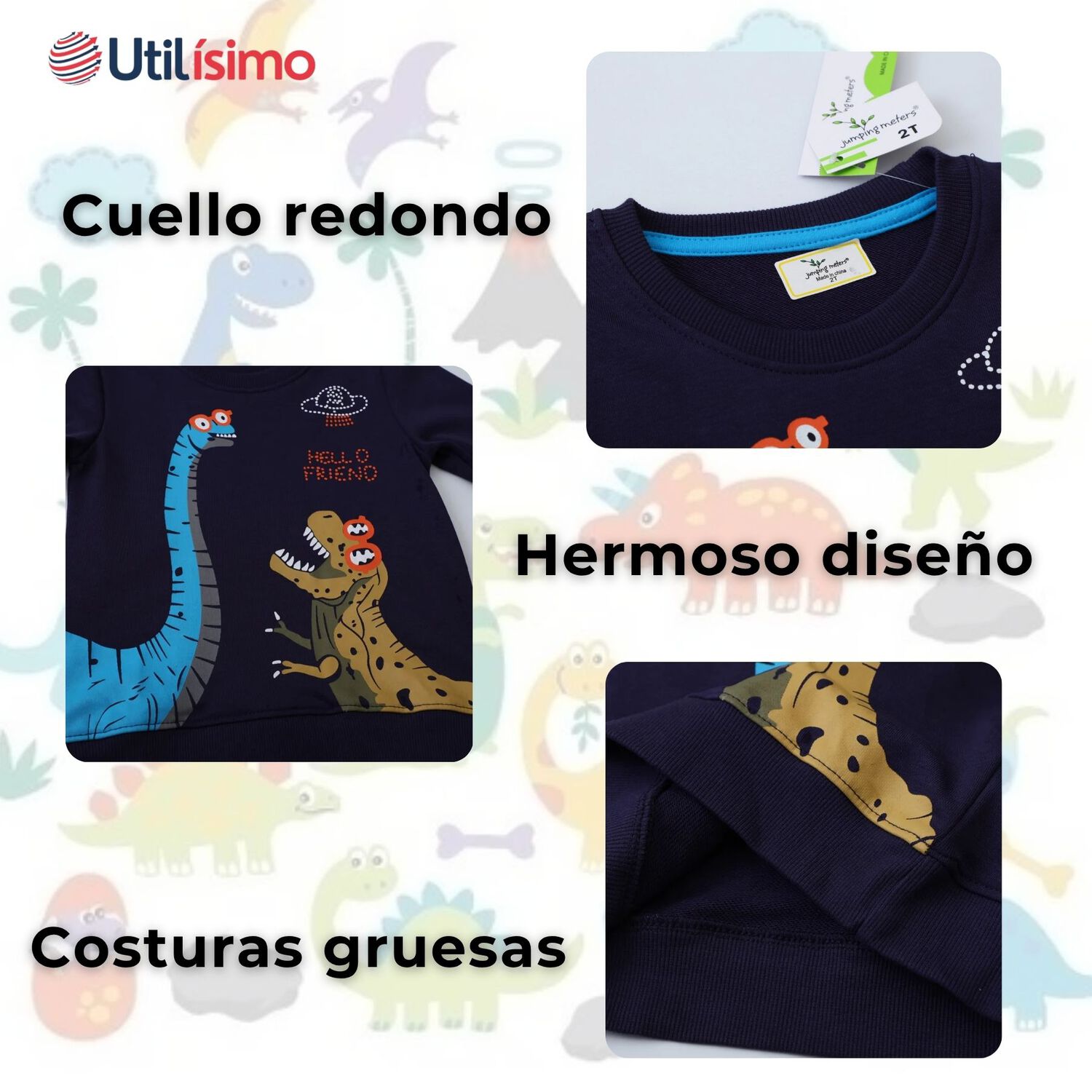 Poler&oacute;n Ni&ntilde;o Manga Larga 100% Algod&oacute;n Azul Dinosaurios image number 3.0
